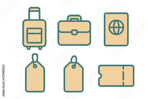 Suitcase, briefcase, passport, and boarding pass items for travel and business