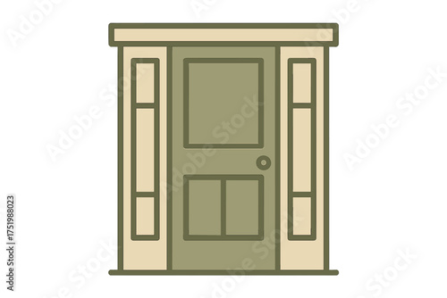 Closed entrance door detail with decorative sidelight windows and door knob