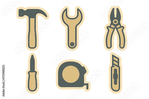 Set of basic construction and repair hand tools including hammer wrench and tape measure