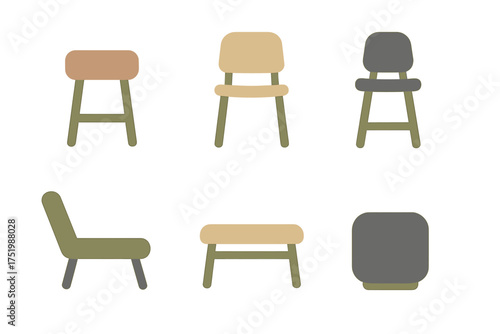 Six modern minimalist seating furniture icons set including chairs stools ottoman