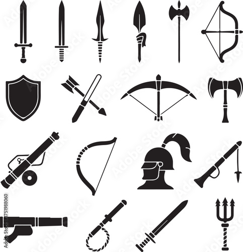Collection of Medieval and Ancient Warfare Weapons and Armor Silhouette Icons
