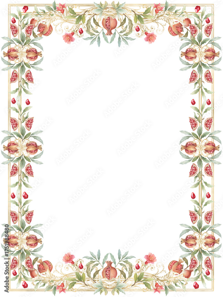 Fototapeta premium Baroque Watercolor Frame with Gold and Pomegranate