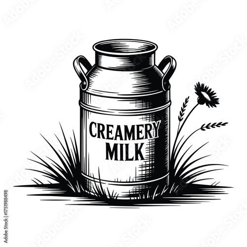 Engraved Milk Can Vector Illustration Creamery Dairy Farm Design