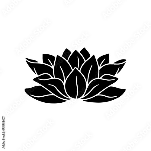 Hand drawn lotus flower black silhouette vector illustration isolated on white background