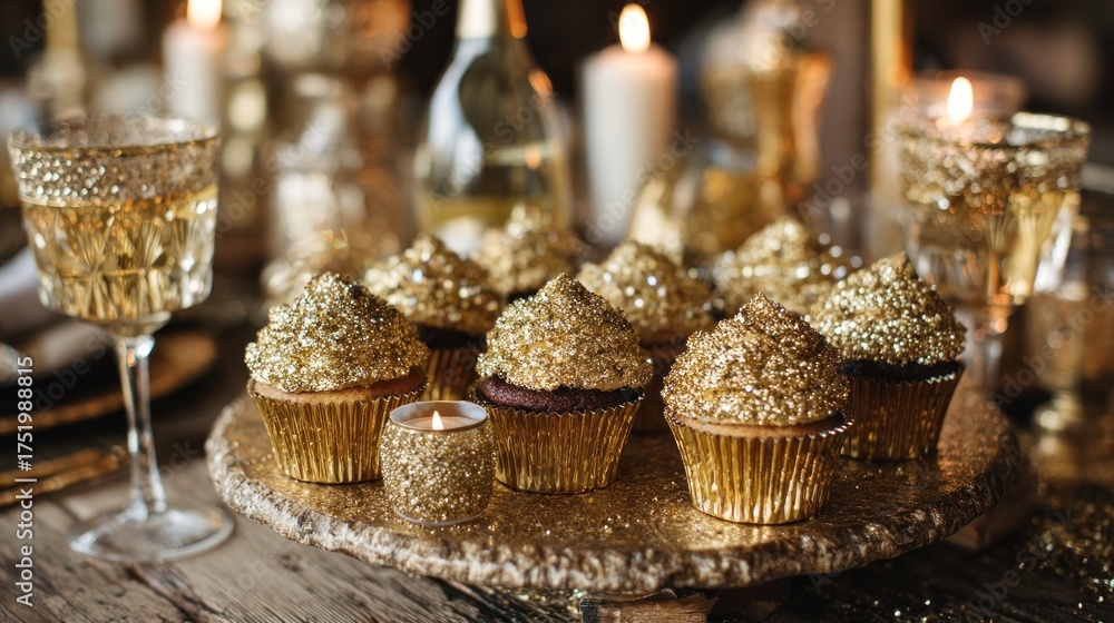 Naklejka premium Sparkling Gold Cupcakes and Candles on a Festive Table Setting