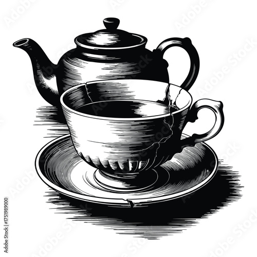 Ornate Teapot Vector Art Still Life Featuring Cracked Teacup Illustration