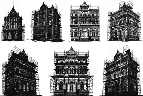 Victorian architecture, historical buildings, scaffolding restoration, ornate facades, heritage preservation, urban renovation, vintage cityscape, construction site, old town