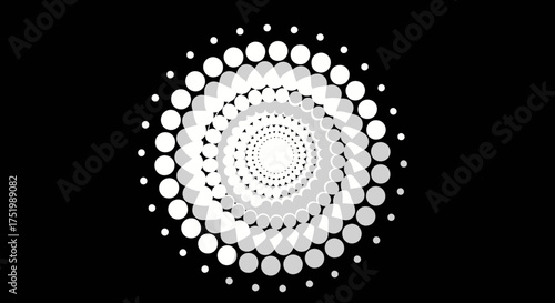 Dynamic monochrome abstract radial pattern of concentric circles, creating a swirling vortex with halftone-like gradient.