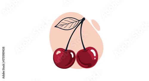 Ripe red cherries with a leaf on a light peach background.