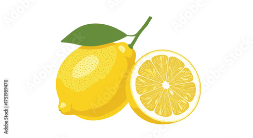 A bright yellow lemon with a single leaf sits next to half of another lemon.