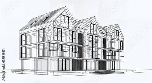 Architectural Wireframe Rendering of Multi-Story Residential Building with Gabled Roofs for Design and Planning Visual
