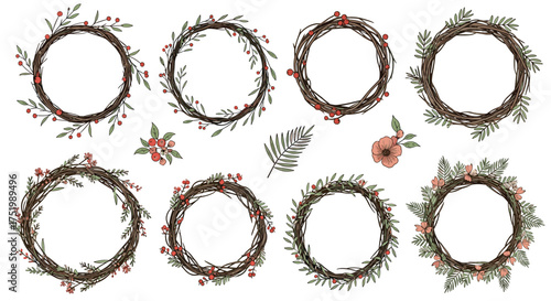 A collection of decorative rustic wreaths and floral elements.