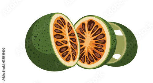 A whole and sliced green citrus fruit with visible seeds.