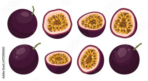 Whole and halved passion fruits arranged in two rows on a white background.