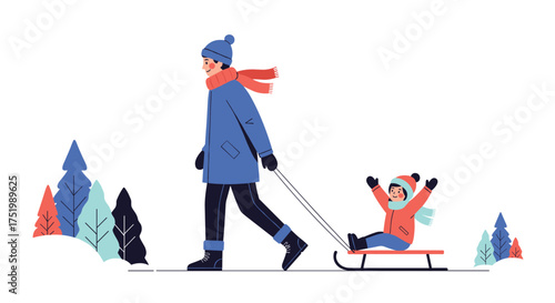 Father pulling child on sled through a winter forest scene.