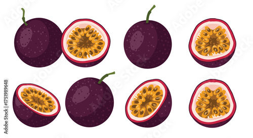 Fresh passion fruit whole and cut on a white background.