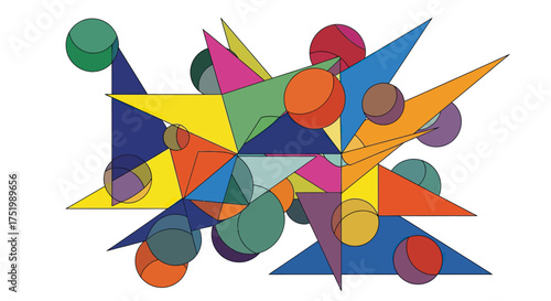 Vibrant Abstract Geometric Art with Interlocking Polygons and Shaded Spheres