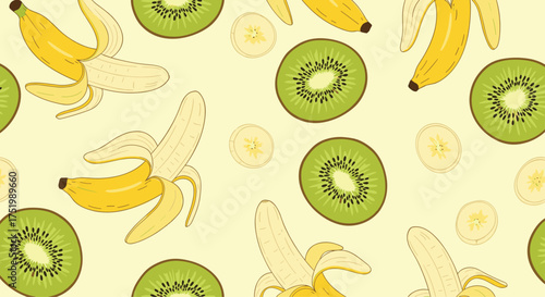 A bright and cheerful pattern featuring sliced kiwi fruits and bananas.