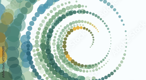 Abstract spiral of translucent overlapping dots in shades of green, blue, and yellow.