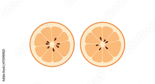 Two sliced oranges with seeds on white background.