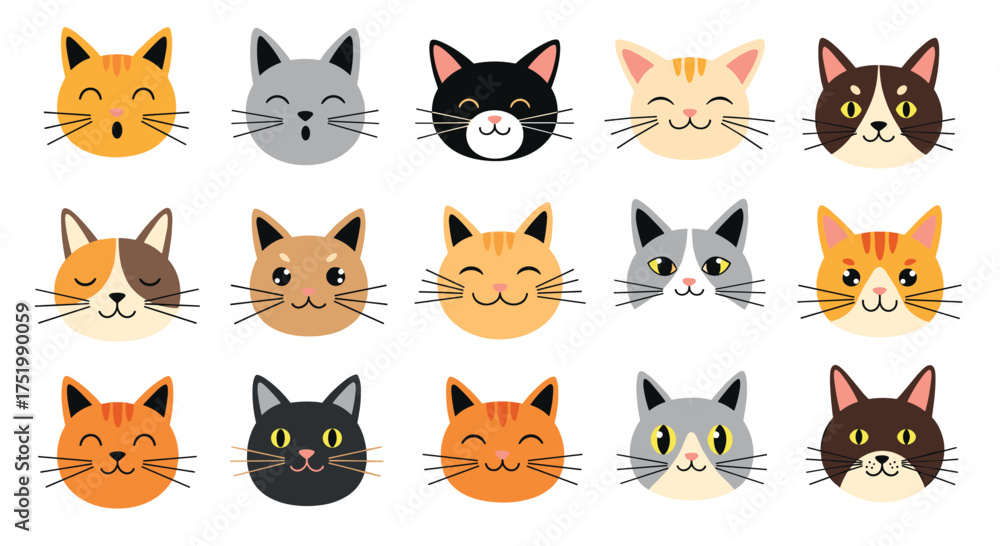 Fototapeta premium A delightful collection of cute pixel art cat faces each with a unique expression.