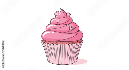 A delicious pink cupcake with hearts on top.