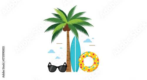 A vibrant tropical beach scene with a palm tree surfboard and inflatable ring for summer fun.