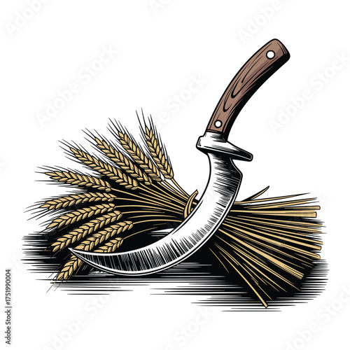 Wheat Vector Harvest with Sickle, Farm Tool and Agriculture Crop