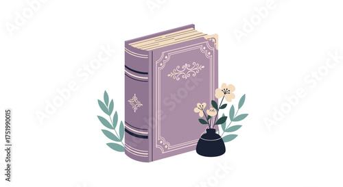 An antique lilac book with delicate floral ornaments stands tall.