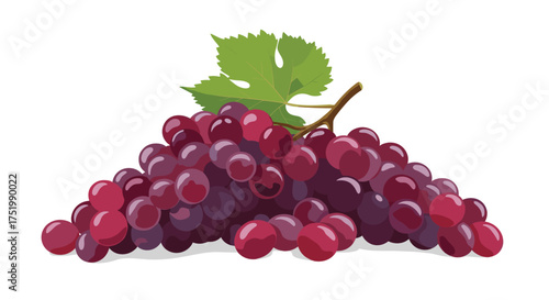 A cluster of ripe red grapes with a green leaf sits on a white background.