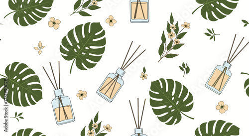 Botanical diffuser bottles and monstera leaves pattern.