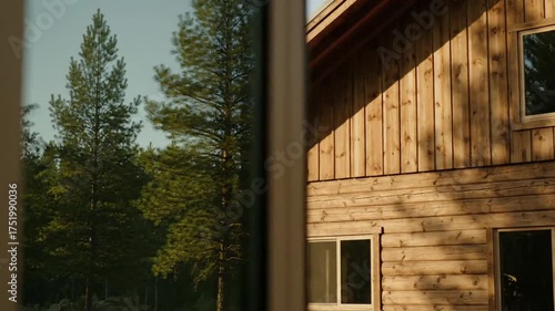 A Serene Panning Shot Past a Cabin Window Revealing a Pine Forest in Warm Sunlight