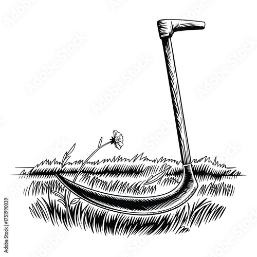 Vector Scythe in Grass Illustration Engraved Style Cutting Tool Harvesting Art