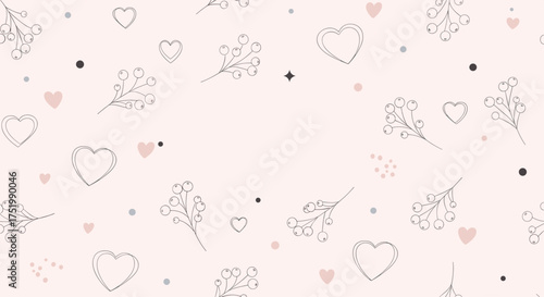 A soft pink background with scattered hearts and floral designs.
