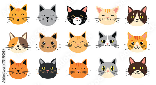 A delightful collection of cute pixel art cat faces each with a unique expression.