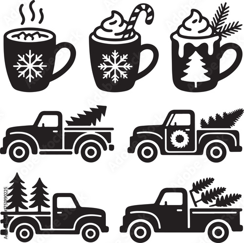 Festive Christmas Trucks and Cocoa Mugs in Black and White
