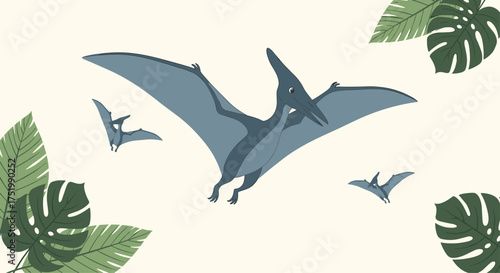 Prehistoric flying reptiles soar through a lush jungle.