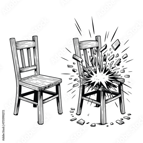 Destroyed Chair Vector Illustration Broken Furniture Splintered Wood