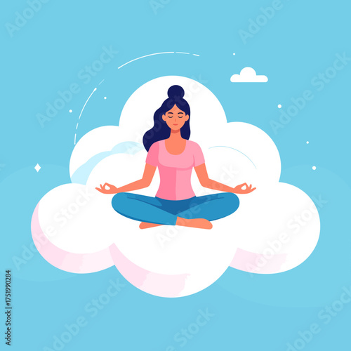 A woman with closed eyes sits in a lotus position atop a fluffy white cloud, meditating against a blue sky backdrop.
