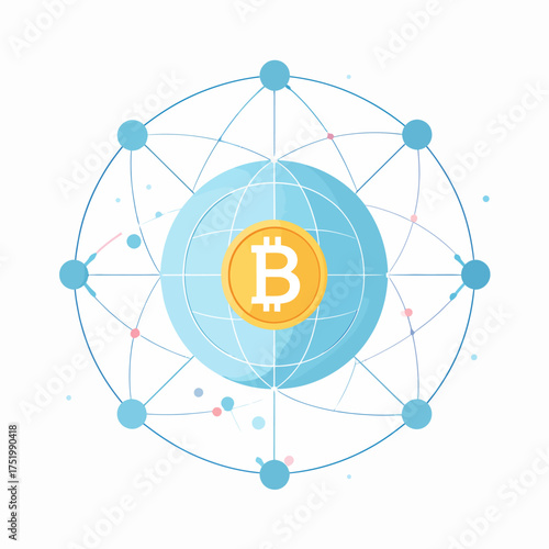 Bitcoin symbol on a globe surrounded by a network of connected nodes representing cryptocurrency transactions.