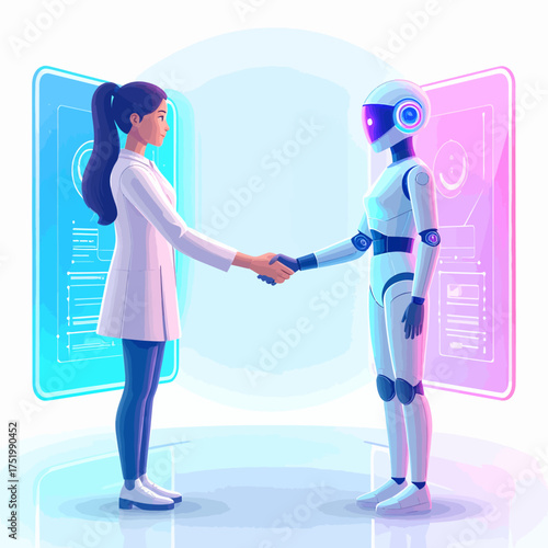 A woman in a lab coat shakes hands with a humanoid robot in a futuristic, brightly lit environment.