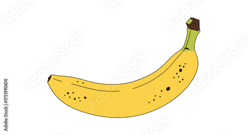 A ripe yellow banana with a curved stem and brown spots.
