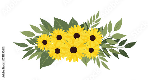 A vibrant bouquet of sunflowers and lush green leaves is artfully arranged.