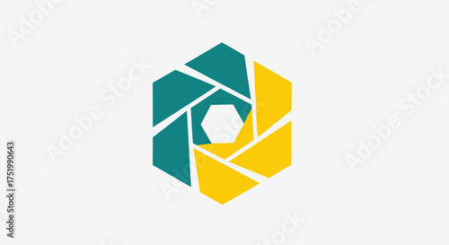 Abstract Hexagonal Aperture Logo with Teal and Yellow Segments
