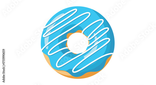 A close up of a blue frosted donut with white icing.