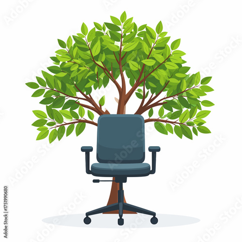 A blue office chair is positioned in front of a tree with vibrant green leaves, symbolizing growth and sustainability in the workplace.