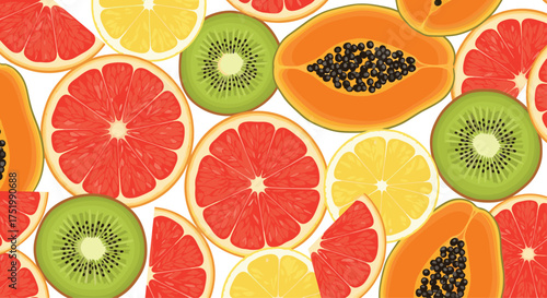 A vibrant collection of citrus fruits and tropical delights arranged in a pleasing pattern.