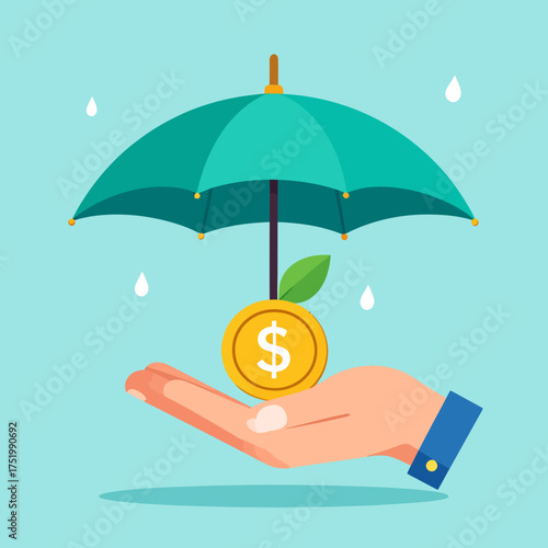 Illustration of a hand holding a gold coin with a sprout, protected by a green umbrella under falling raindrops.