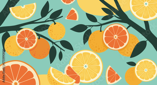 A vibrant assortment of citrus fruits hanging from branches.