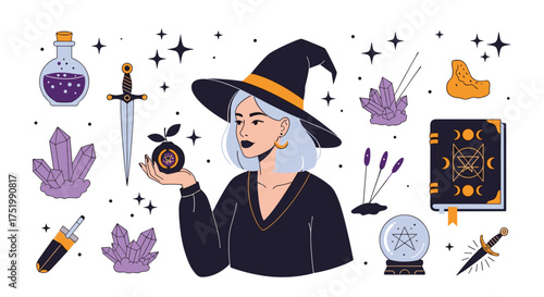 A mystical witch conjures magical spells with enchanted objects and crystals.